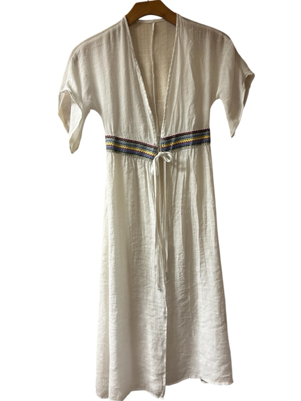 Ivory Cotton Maxi Cover-Up with Colorful Waist Embroidery